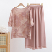 小个子妈妈夏装 两件套 短袖 雪纺套装 圆领洋气印花T恤中老年女新款