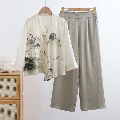 印花套装中老年新款国风洋气妈妈