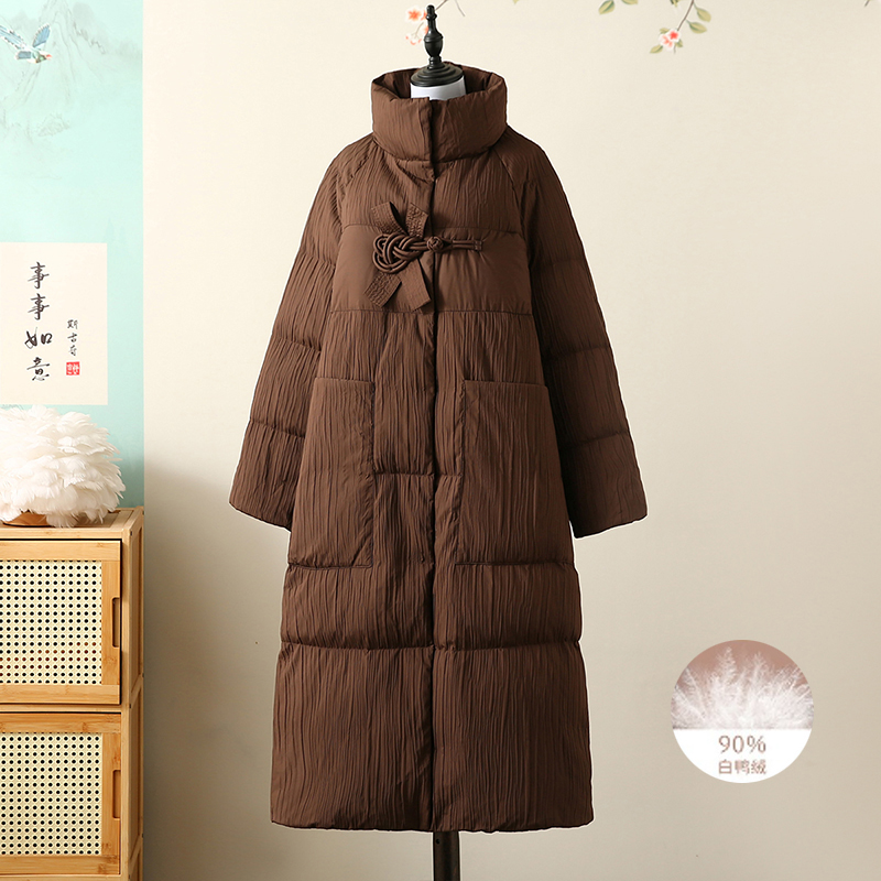 羽绒服女长款纯色妈妈中式盘扣过膝90白鸭绒中老年女新款国风外套