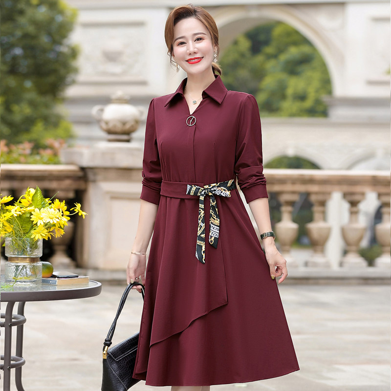 女士连衣裙妈妈装2023秋季中老年新款长裙女式秋款长袖女装翻领裙