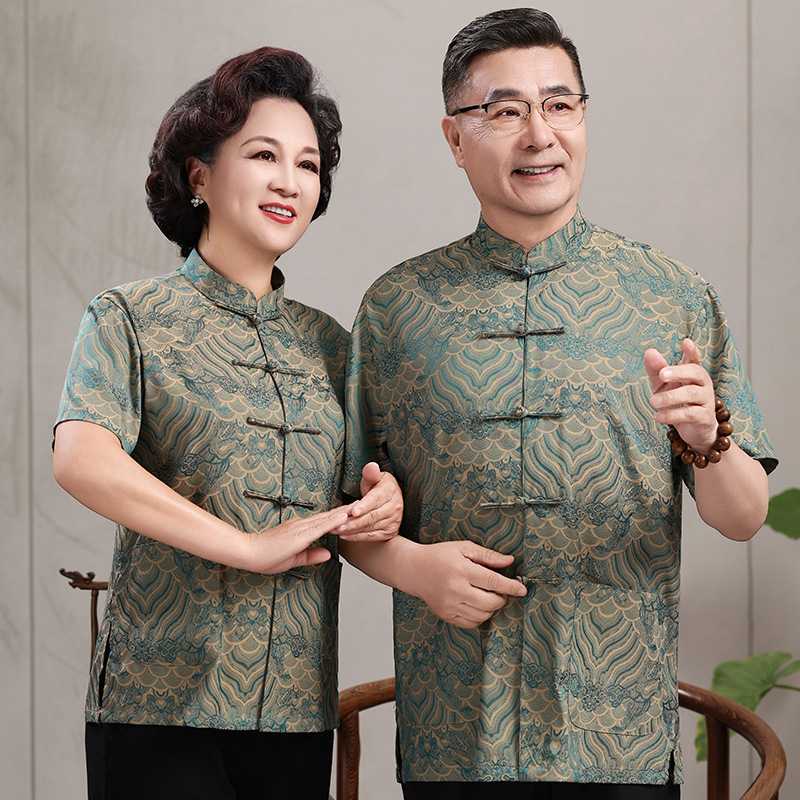 真丝唐装中老年父母情侣装老人生日爸爸婚宴礼服爷爷奶奶夏装套装