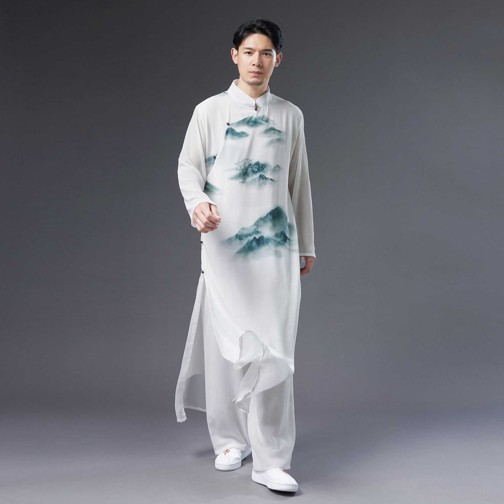 新款立领黛山雪纺男休闲古装服 白色长款斜襟设计印花民族服饰