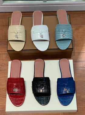 2025夏新款LP凉拖鞋平底外穿一字粗跟半拖鞋女露趾吊坠显瘦拖鞋潮