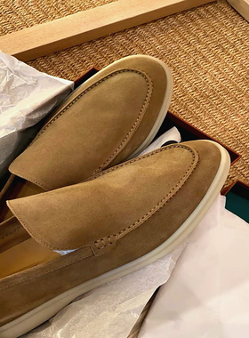 纯原意大利麂皮一脚蹬LP乐福鞋女平底休闲豆豆鞋懒人男士鞋踩si感