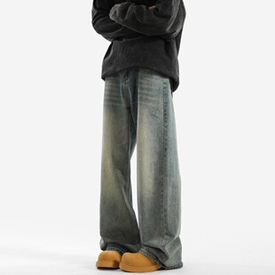 City Hipster 美式复古牛仔裤男秋冬季潮牌加绒裤子宽松直筒长裤