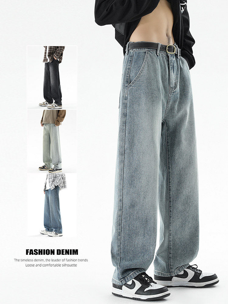 休闲男生直筒松紧牛仔裤长裤裤子腰款半系皮带宽松百搭潮流男秋季