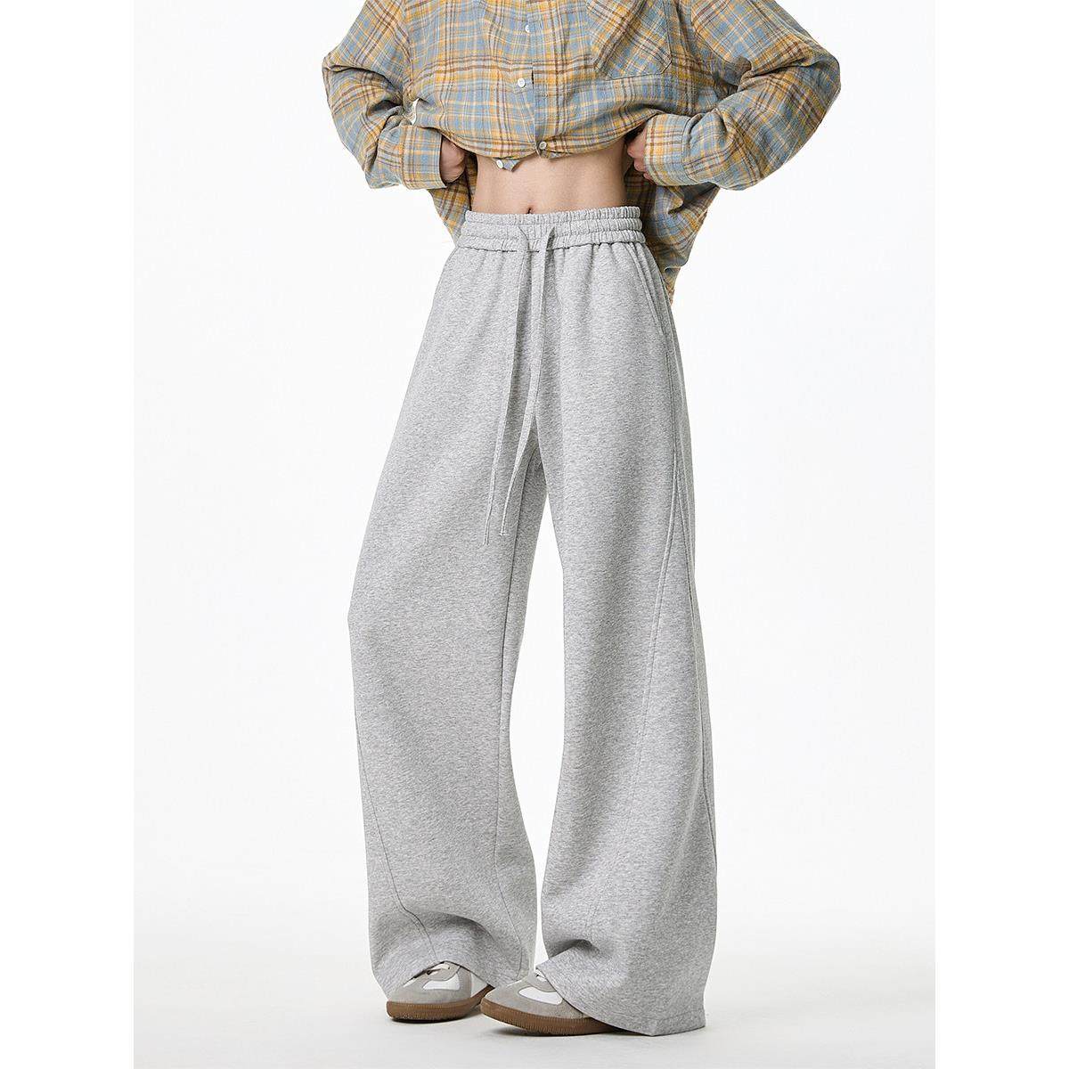 休闲宽松裤子运动裤美式直筒卫裤男重磅男加绒弯刀hiphop灰色秋冬