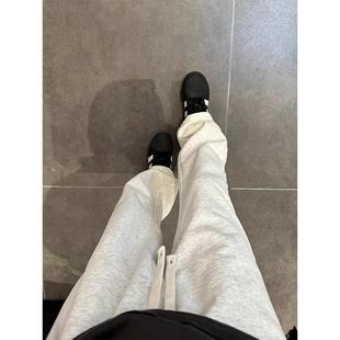 加绒休闲筒美式 重磅长裤 子潮牌秋冬男款 高级运动灰裤 白花 感直卫裤