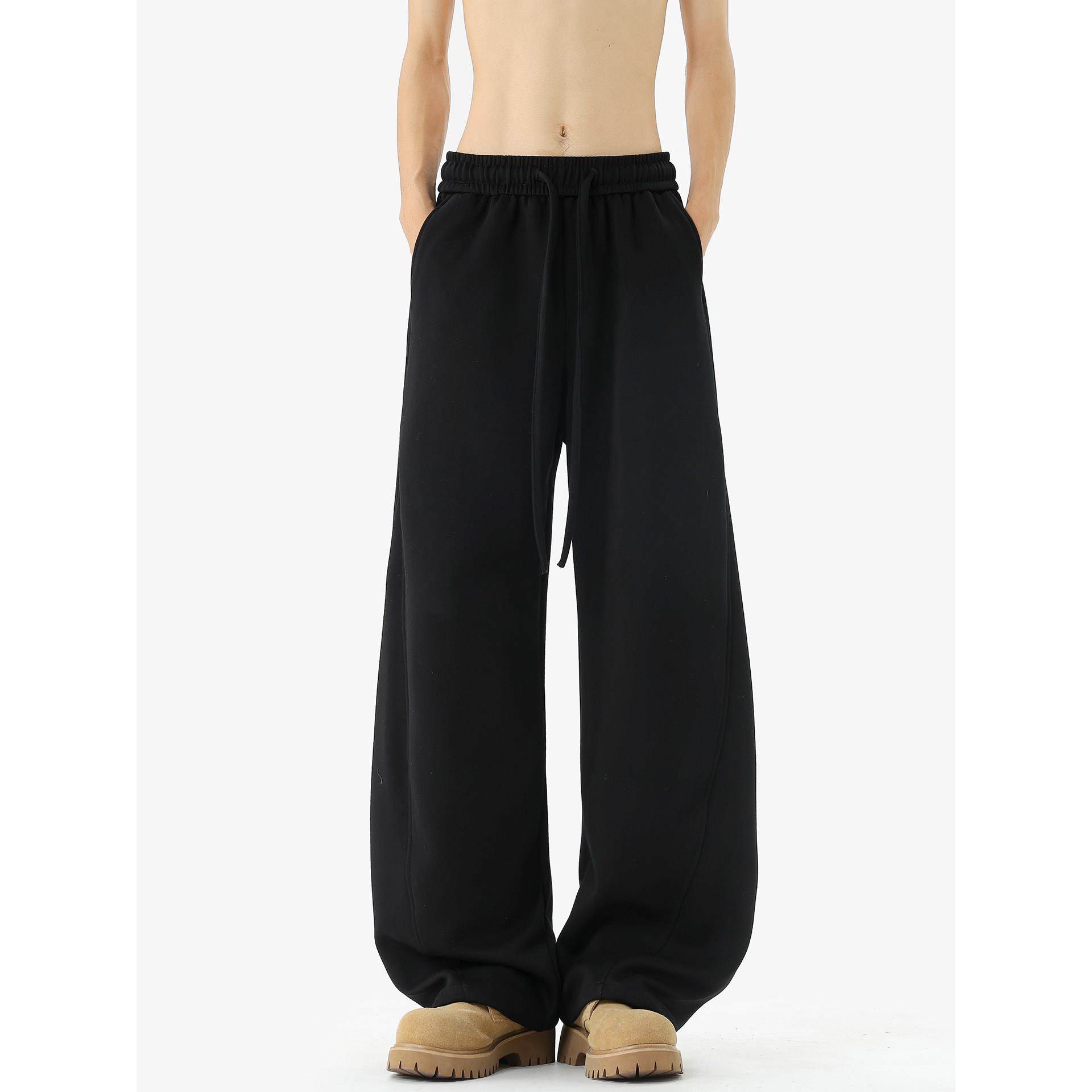 直筒男生休闲裤阔重磅裤子黑色美式卫裤加绒男腿宽松运动弯刀冬季