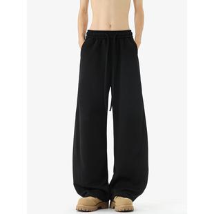 加绒男腿宽松运动弯刀冬季 直筒男生休闲裤 卫裤 子黑色美式 阔重磅裤