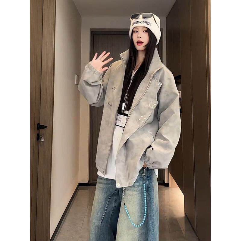 新中式男装扎染秋冬棉服外套立领加厚国风三防PU皮衣复古工装夹克