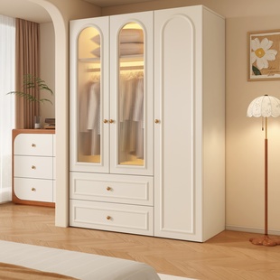 实木衣柜家用法式复古卧室奶油风带玻璃柜子小户型现代简约大衣橱