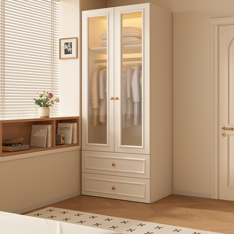 包安装实木衣柜家用卧室带玻璃门收纳柜子法式轻奢奶油风储物衣橱