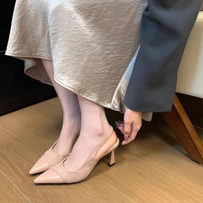法式高跟鞋粉色包头凉鞋仙女鞋子2025春夏季拼接配裙子尖头鞋