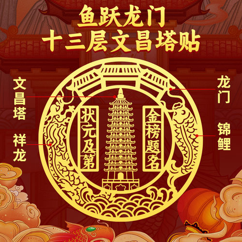 文昌贴十三层文昌塔贴纸摆件学生房书桌办公桌事业金榜题名金属贴