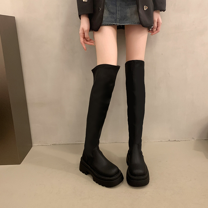 内增高长筒靴女2025年秋冬季新款棕色厚底小个子瘦瘦弹力绒面