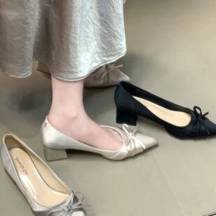 浅口通勤鞋 甜美蝴蝶结2025韩版 女日常百搭新款 气质缎面尖头单鞋