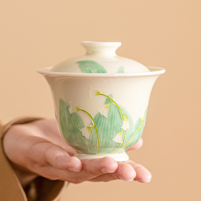 手绘堆雕铃兰花二才盖碗茶杯家用陶瓷茶碗带盖大号功夫泡茶碗防烫,餐饮具,盖碗,淘宝优惠券,粉丝福利购,淘宝优惠卷