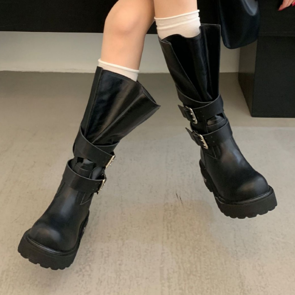 小众设计厚底粗跟高筒靴骑士靴女早秋复古皮带扣长筒靴西部靴女靴