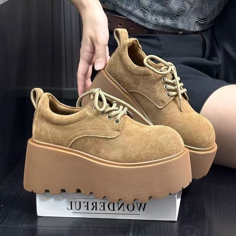 女鞋秋季厚底松糕乐福鞋英伦风粗跟配裙子增高驼色复古勃肯鞋爆款