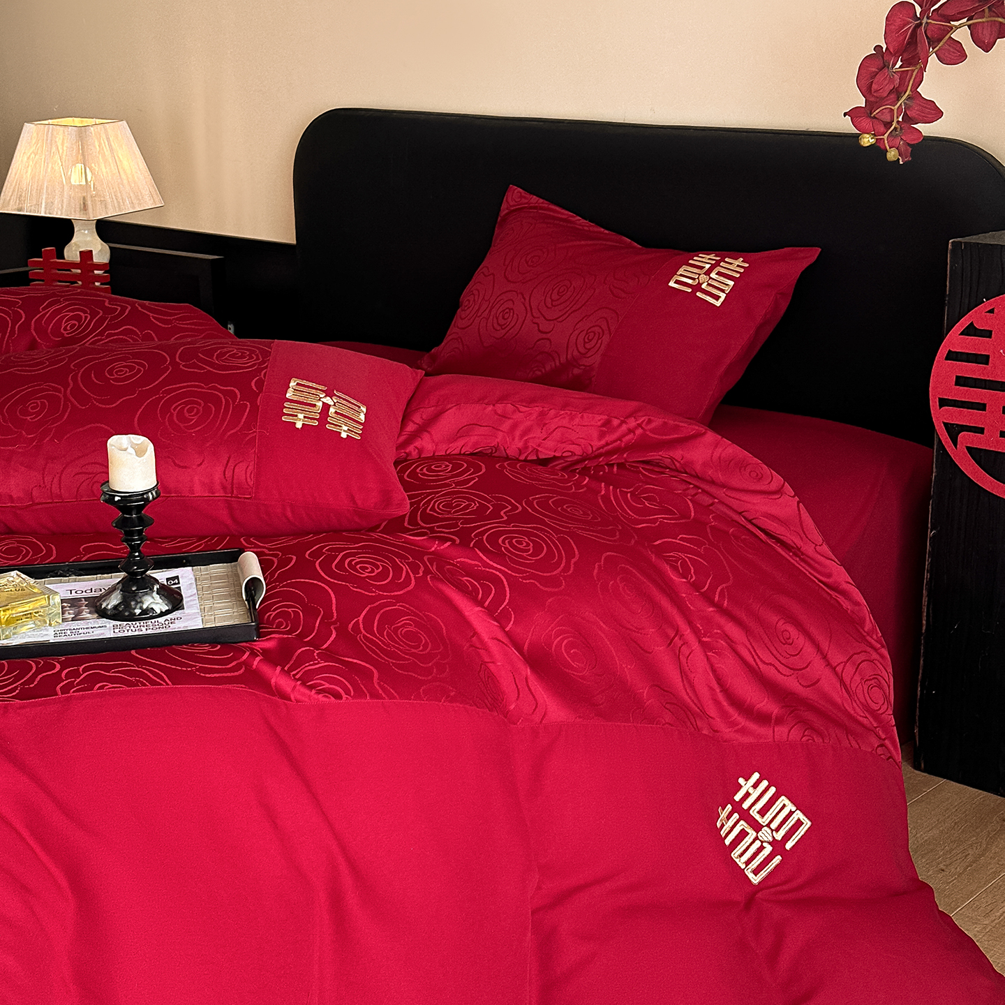 高档结婚四件套红色婚庆玫瑰提花