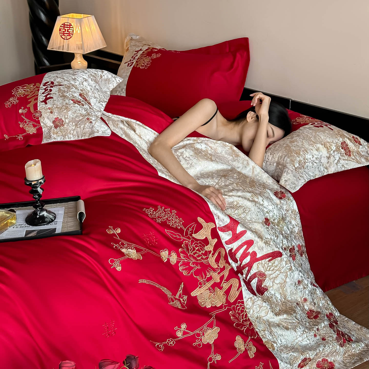 高档双喜结婚床上四件套新婚庆喜嫁红色被套床单喜庆床上用品礼盒
