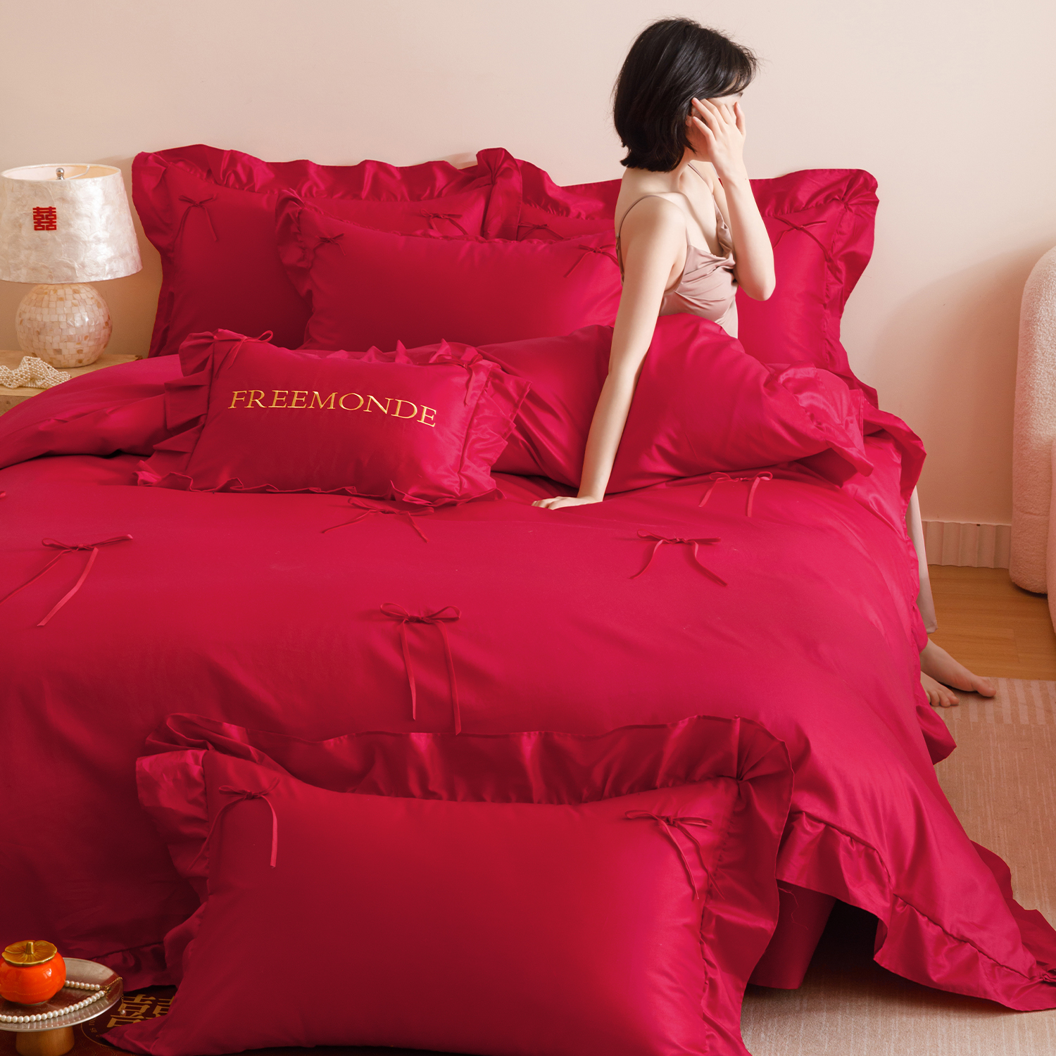 法式浪漫结婚四件套红色全棉新婚