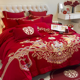 新中式 180支长绒棉结婚四件套红色龙凤被套床单纯棉婚庆床上用品4