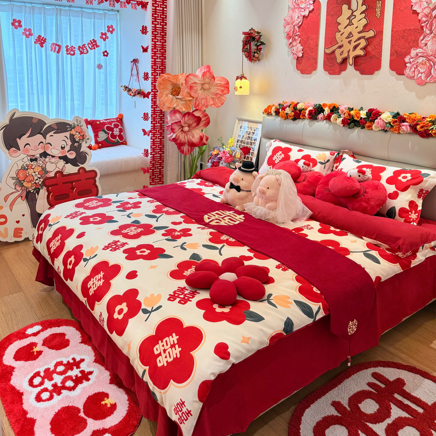 高档红色印花结婚四件套2026新款婚庆喜被套床单喜庆床上用品床笠