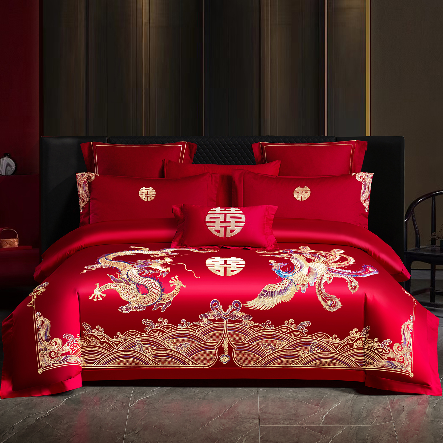 新中式龙凤结婚床上四件套大红色