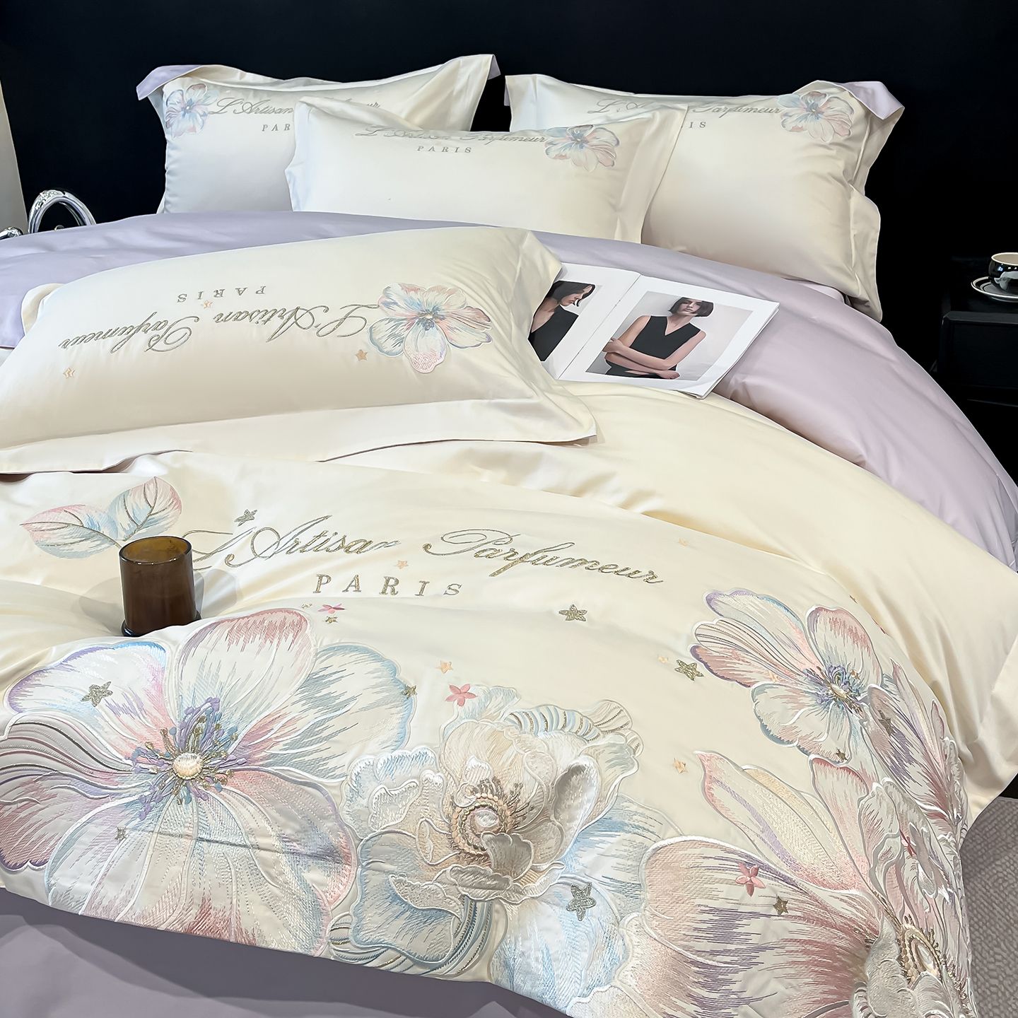 2025新款水洗棉四件套花卉刺绣被套床单被罩1.8m床上用品床笠床单