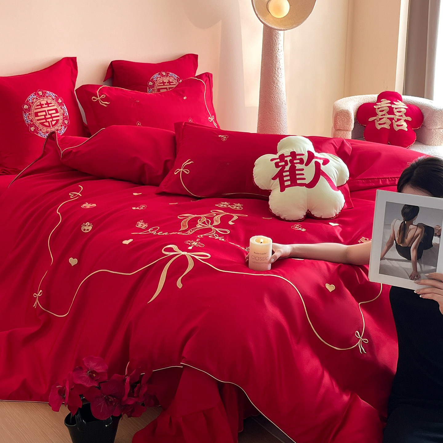 浪漫婚庆高级感新中式结婚四件套大红色被套新婚喜被结婚床上用品