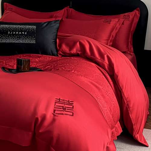 高档大红色结婚床上四件套婚房