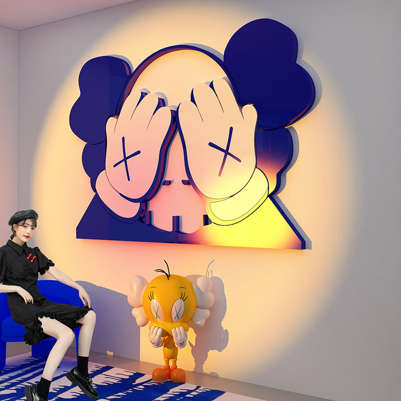 速发打卡拍照区布置面奶茶店墙壁装饰品背景莱克因蓝贴芝麻街