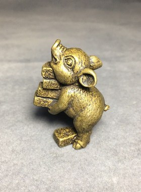 速发仿古铜实心袖珍小猪搬砖茶道茶宠香插摆件铜雕生肖猪桌摆手把