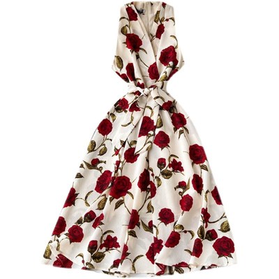 速发复古印花连衣裙2022新款神范气质V领系带收腰中长款礼服裙