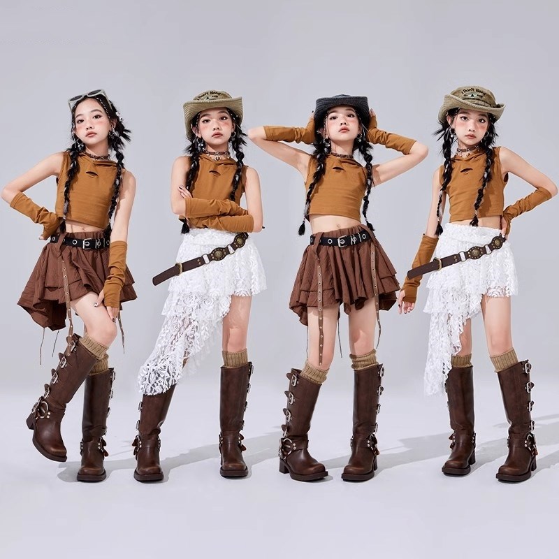 速发爵士舞儿装孩蕾丝潮练功服走秀演出服街舞少服嘻哈裙服表演套