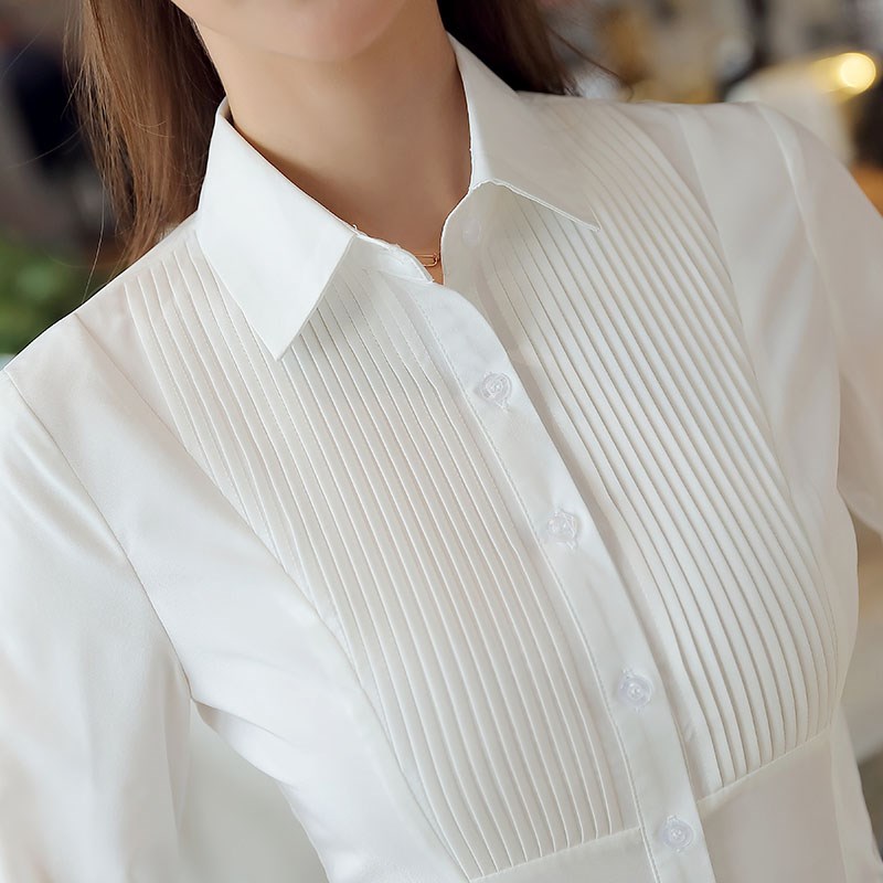 速发白色长袖春商场皱台服务员工作服褶前风搭百琴职业上衣