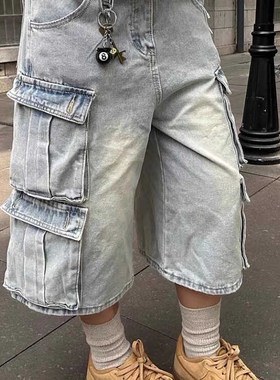 速发码大美式bive多口袋水洗工装牛仔短裤男高街直筒宽松阔腿七分