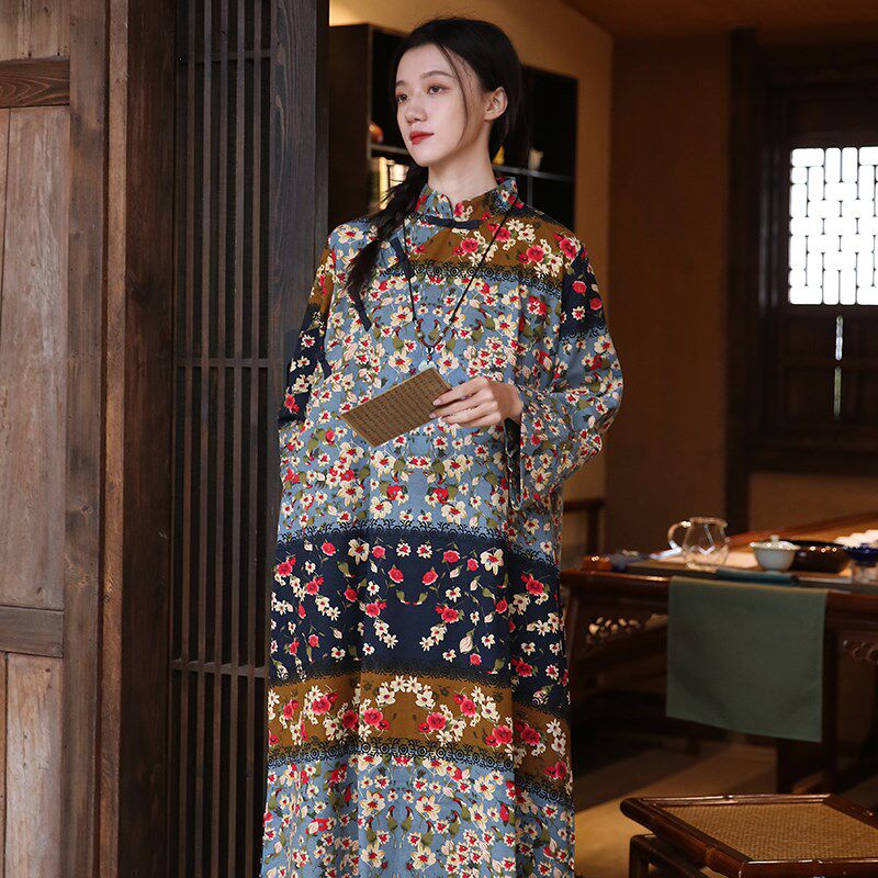 速发布色美人中国风拼衣休闲旗袍盘扣禅夏茶服棉麻意秋款连衣裙长