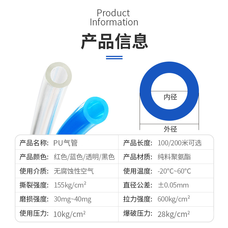 现货速发PU气管8*5气泵软管高压软管空压机透明气动软管8MM/10MM/