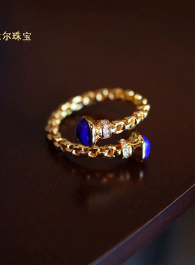 天然青金石戒指女S925纯银锁链