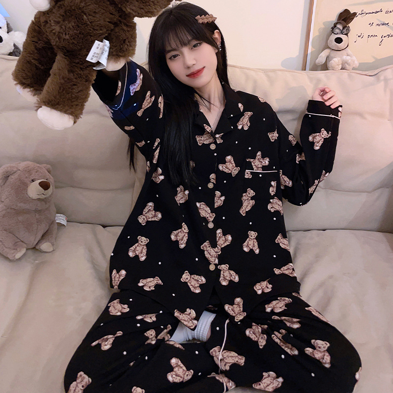 韩国ins春秋款睡衣女纯棉长袖长裤黑色卡通小熊春秋季家居服