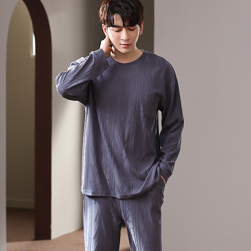 爽棉睡衣男春秋纯棉长袖长裤提花家居服秋冬款大码XXXXL套装 RR