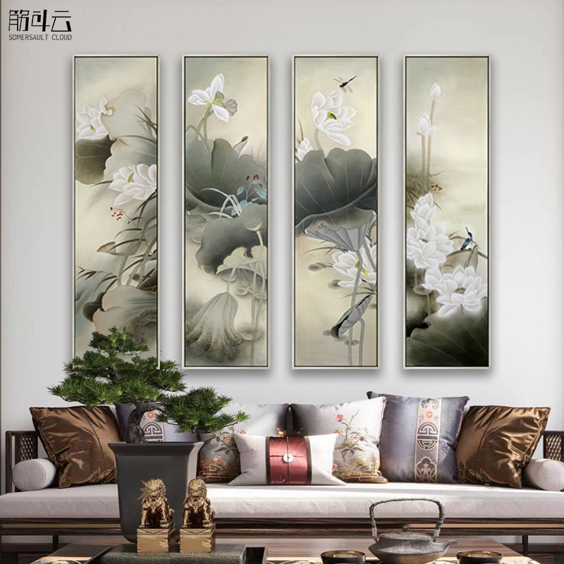 新中式手绘工笔荷花四条屏沙发背景墙装饰画茶室或所定制高档壁画图片