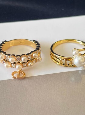 小众珍珠拼高碳钻金色CD双层戒指