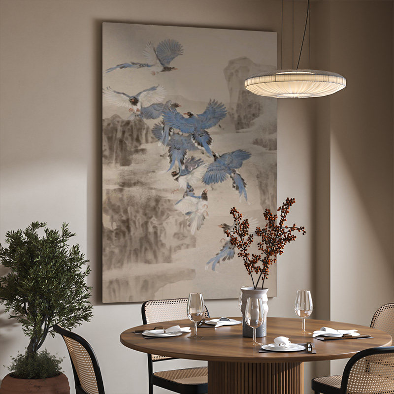 中式古典装饰画客厅背景墙玄关过道挂画竖版壁画中国风古画飞鸟图