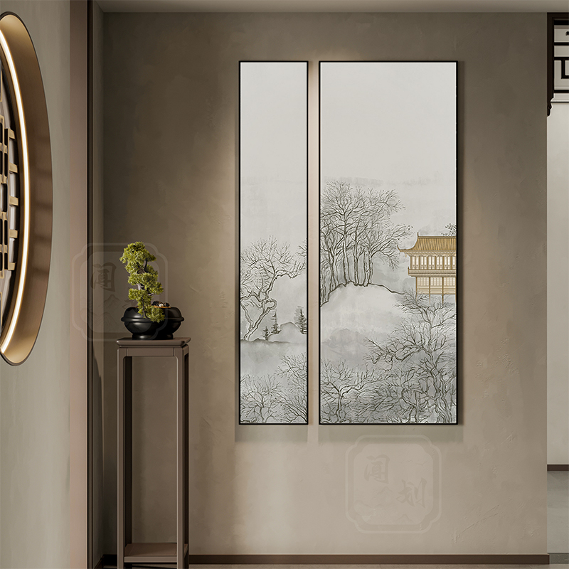 宋氏美学新中式入户玄关装饰画 画楼阁松树客厅茶室走廊过道两联图片