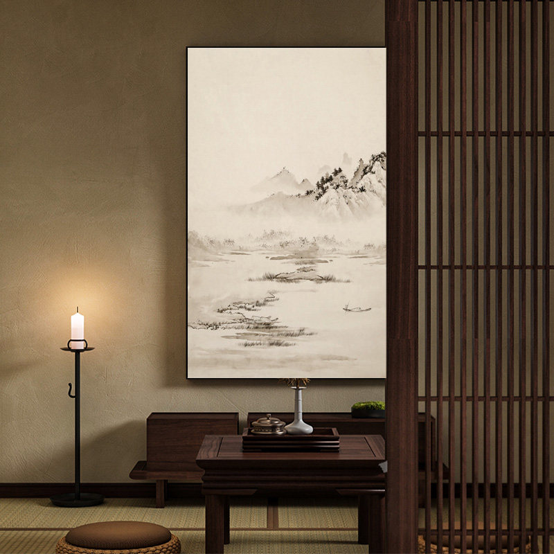 中式工笔山水装饰画客厅卧室背景墙竖版壁画茶室书房过道挂画古画