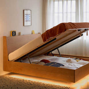 实木床樱桃木储物卧室小户型双人床北欧高箱 二黑木作 大象箱体床
